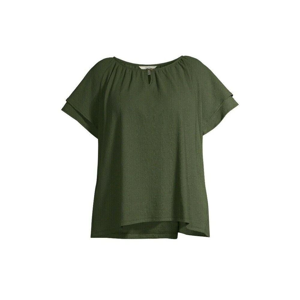 Terra & Sky Women's Plus 1X Top Green Olive Textured Ruffle Sleeves